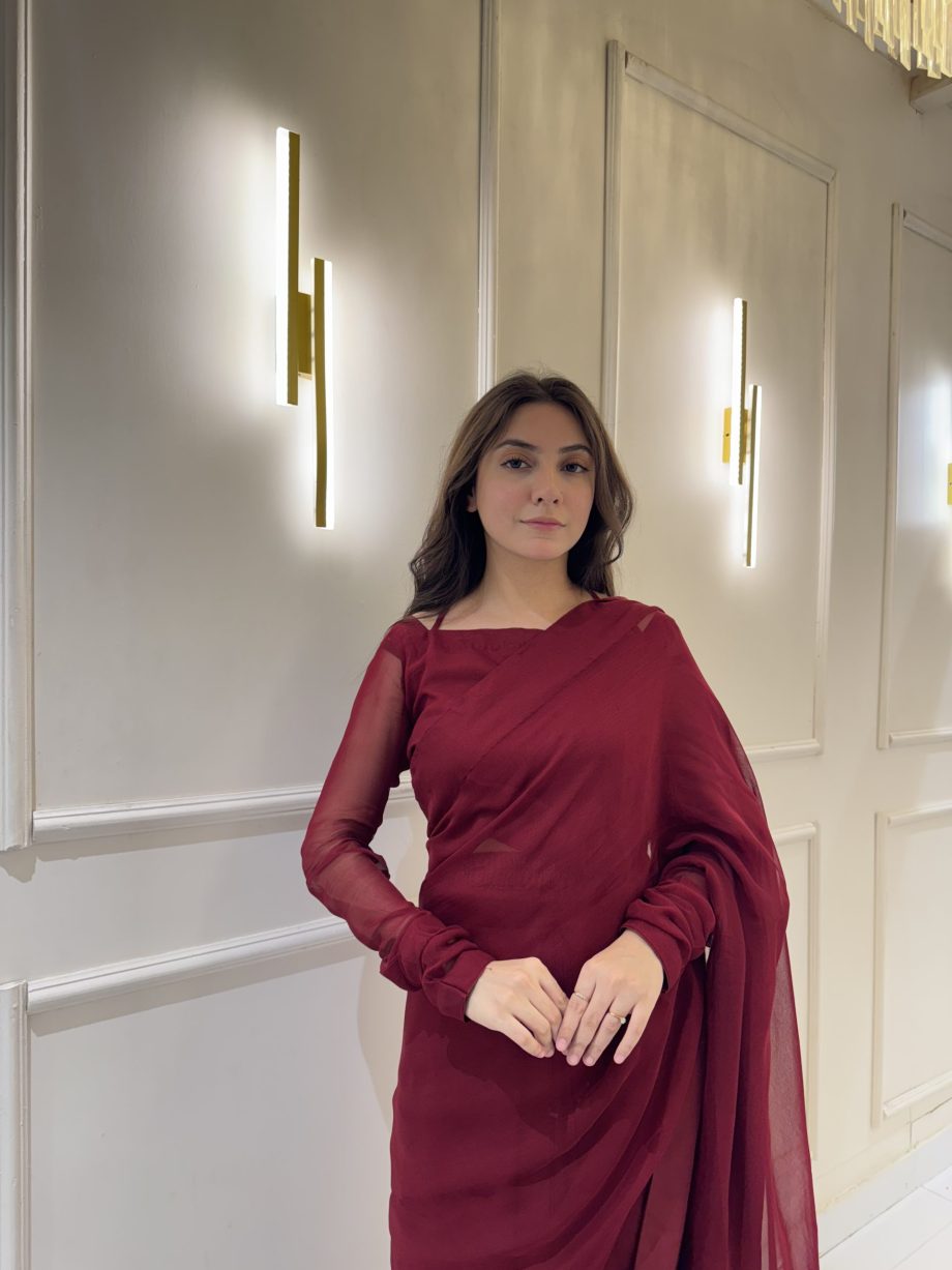 Maroon Chiffon Saree with Neck Dori Design
