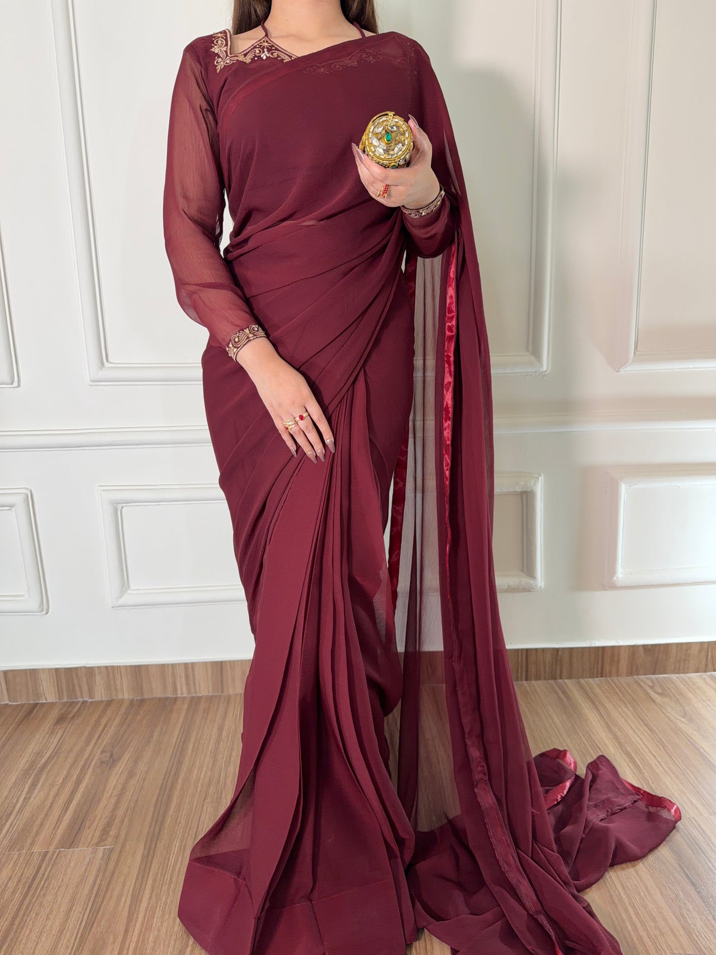 Luxury Embroidered Chiffon Saree – Maroon
