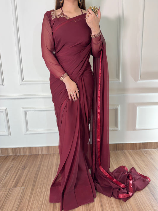 Luxury Embroidered Chiffon Saree – Maroon