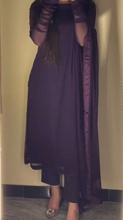 Elegant Purple Chiffon Long Dress with Dupatta