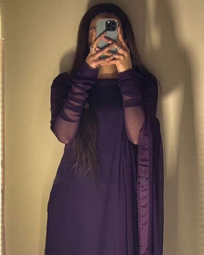 Elegant Purple Chiffon Long Dress with Dupatta