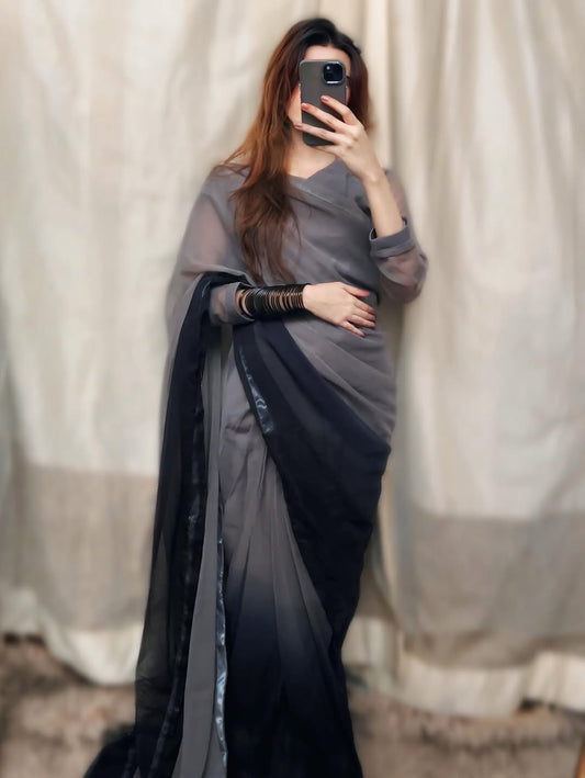 Grey Black Shaded Chiffon Saree | Ombre Saree