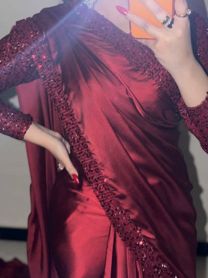 Premium Maroon Sequin Silk Saree