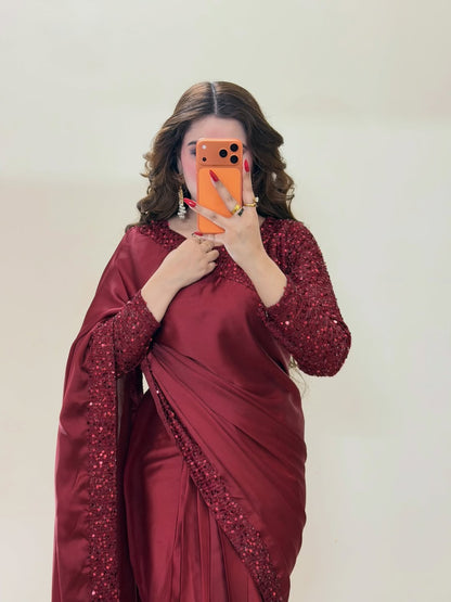 Premium Maroon Sequin Silk Saree