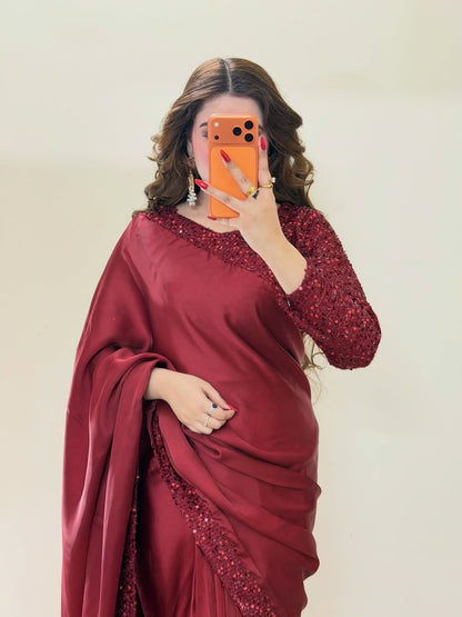 Premium Maroon Sequin Silk Saree
