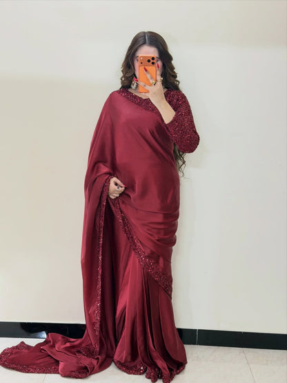 Premium Maroon Sequin Silk Saree