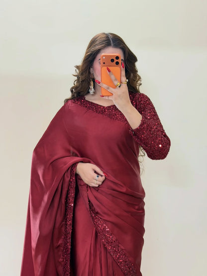 Premium Maroon Sequin Silk Saree
