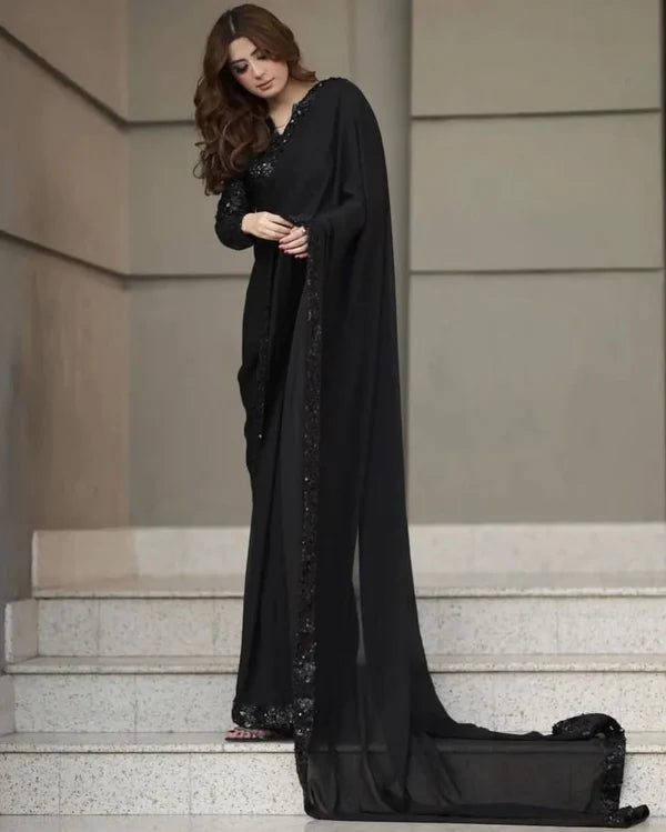 Premium Black Sequin Chiffon Saree