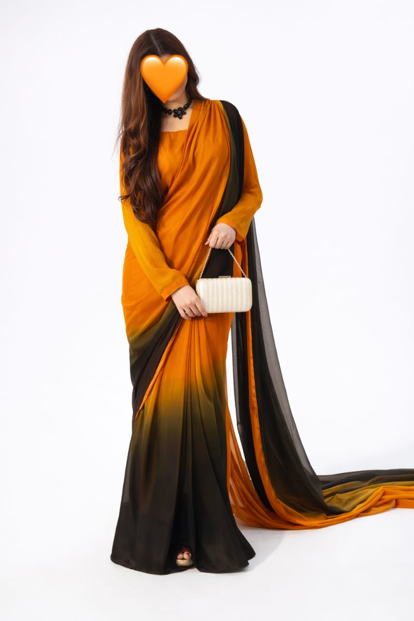 Stitched Chiffon Orange Black Shade Saree