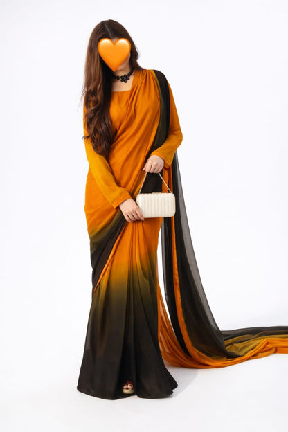 Stitched Chiffon Orange Black Shade Saree