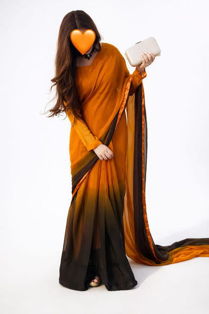 Stitched Chiffon Orange Black Shade Saree
