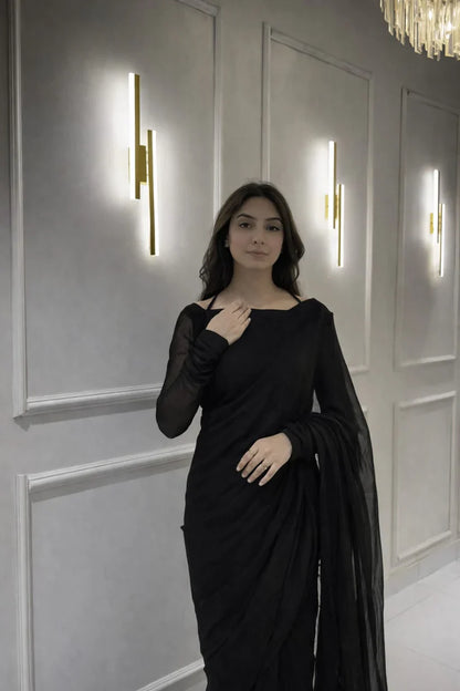 Black Chiffon Saree with Neck Dori Design