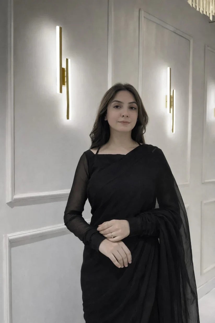 Black Chiffon Saree with Neck Dori Design