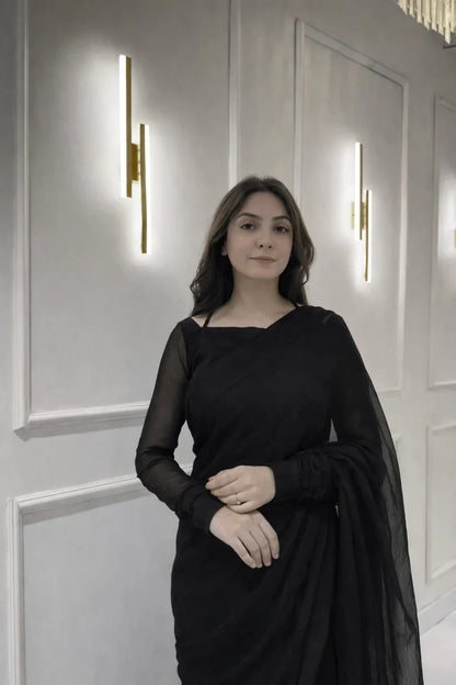 Black Chiffon Saree with Neck Dori Design