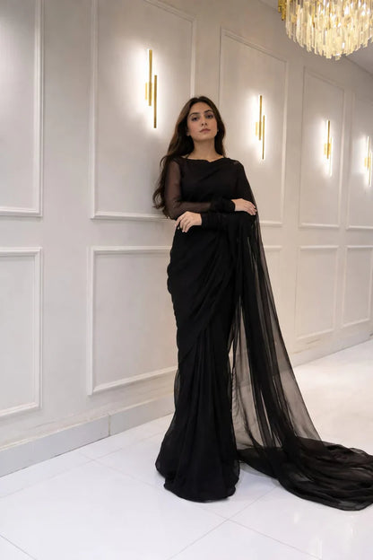 Black Chiffon Saree with Neck Dori Design