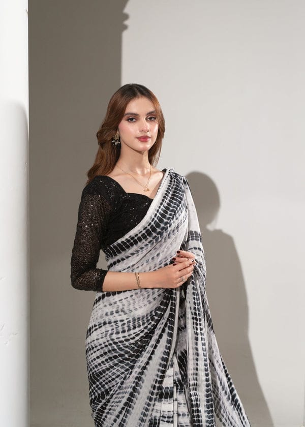 Premium Saree Black & White Printed
