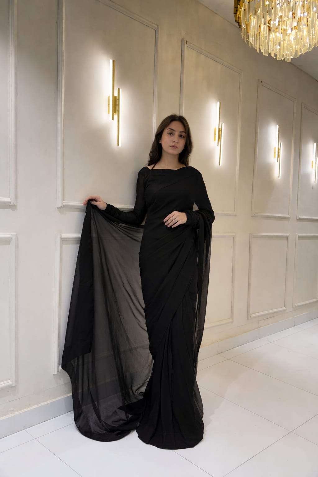 Black Chiffon Saree with Neck Dori Design