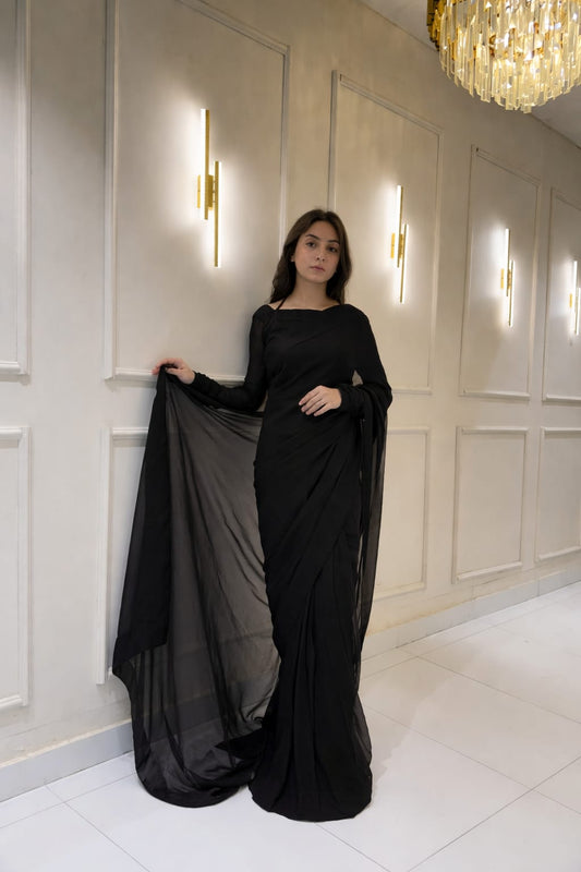 Black Chiffon Saree with Neck Dori Design