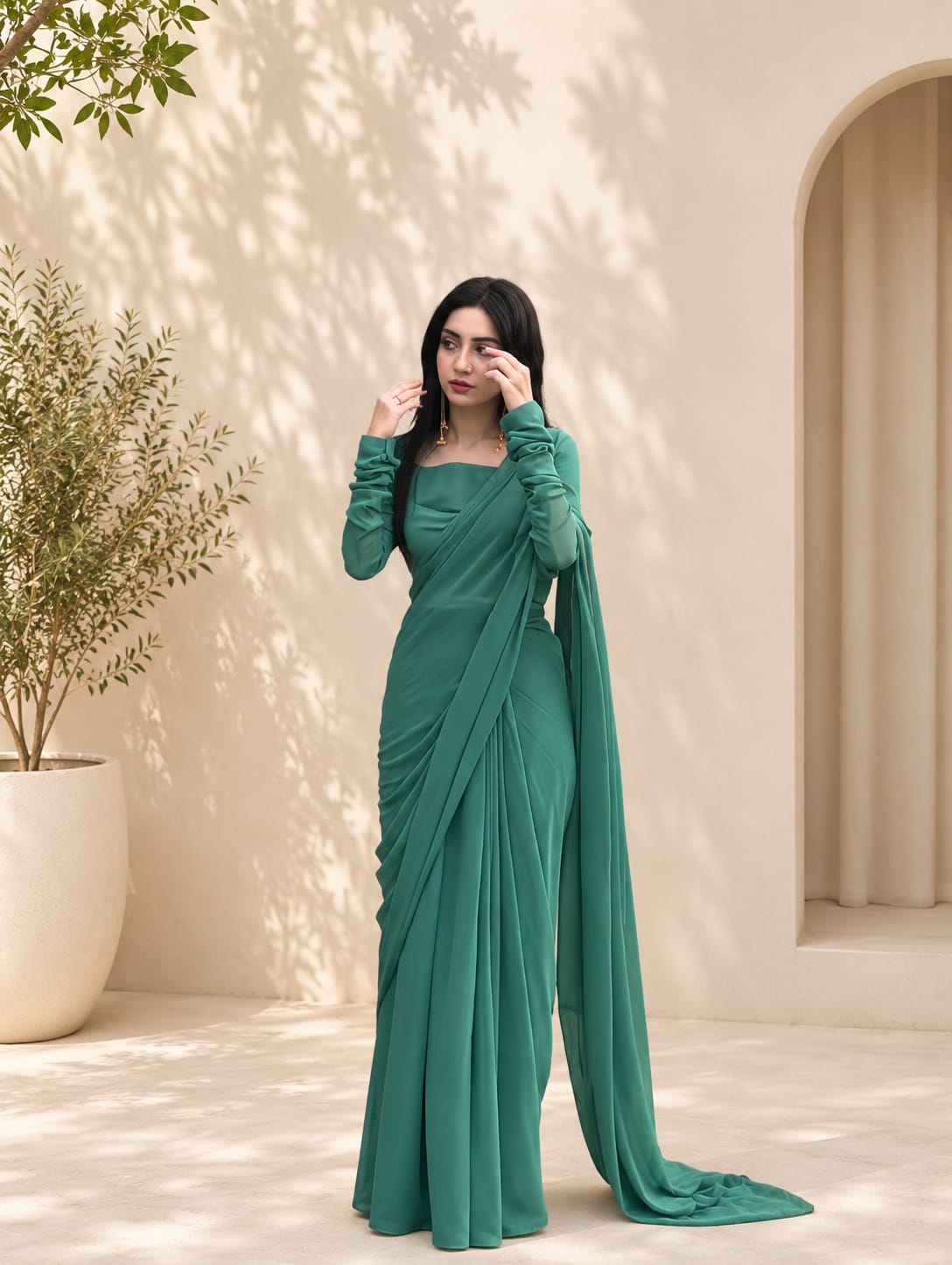 Teal Green Chiffon Saree – Party Wear