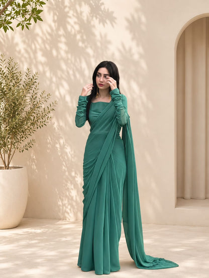 Teal Green Chiffon Saree – Party Wear