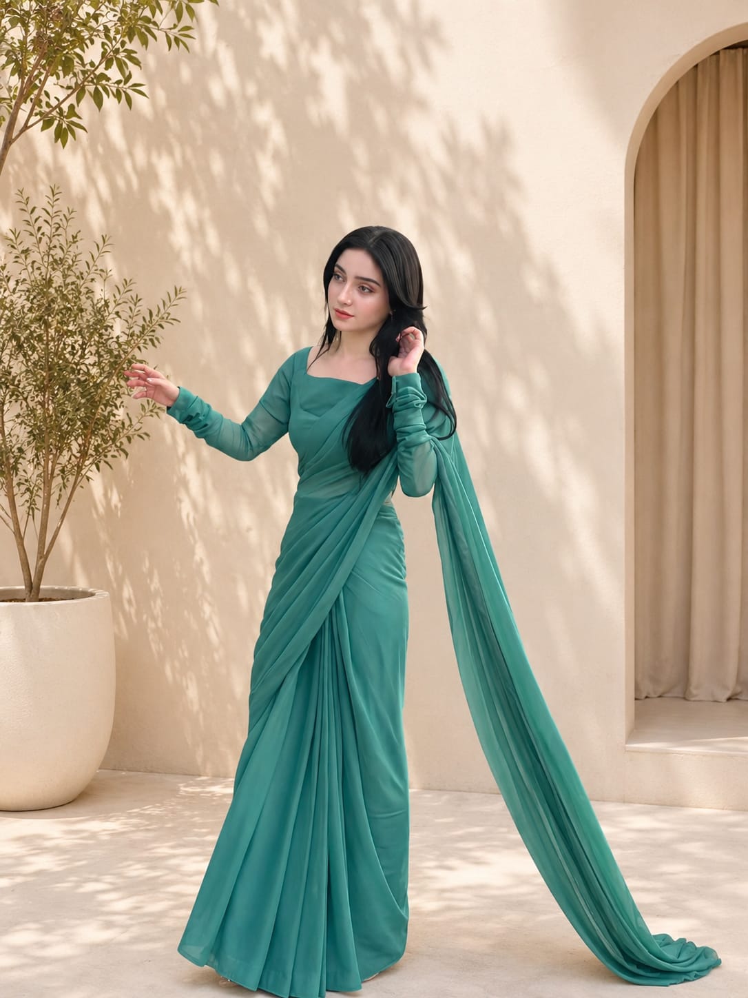 Teal Green Chiffon Saree – Party Wear