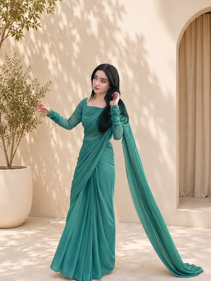 Teal Green Chiffon Saree – Party Wear