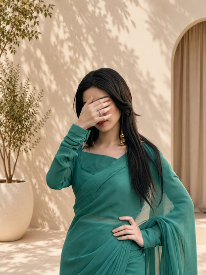 Teal Green Chiffon Saree – Party Wear