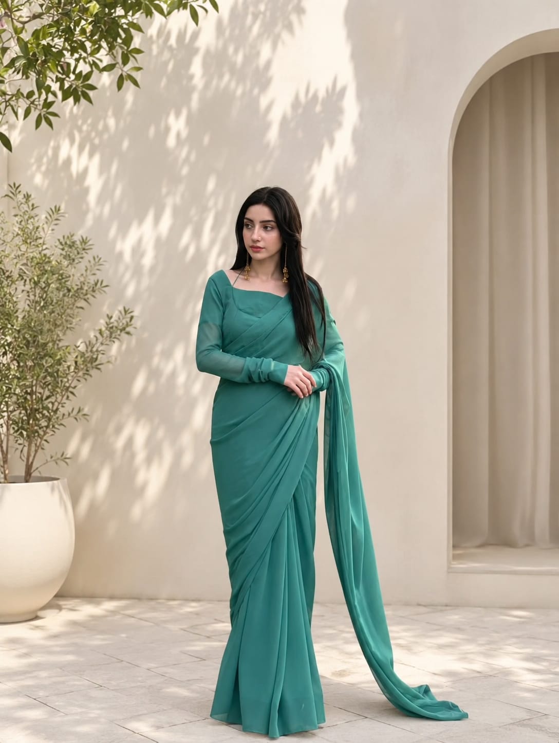 Teal Green Chiffon Saree – Party Wear