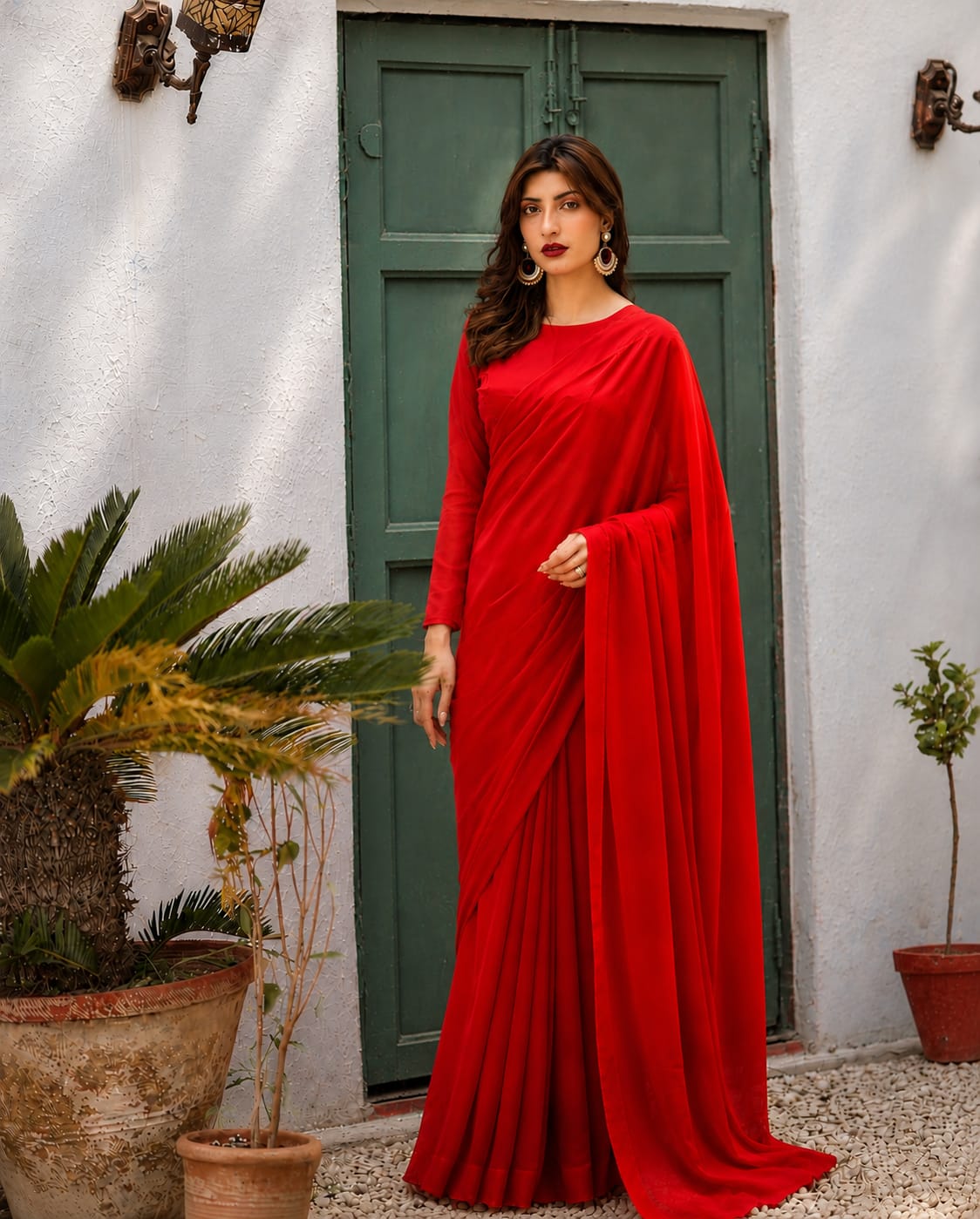 Mahjabeen Red Chiffon Saree