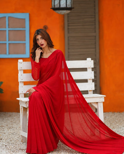 Mahjabeen Red Chiffon Saree