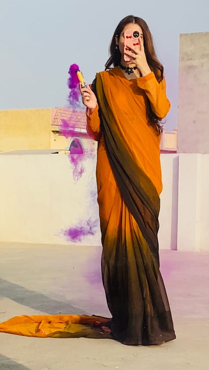 Stitched Chiffon Orange Black Shade Saree