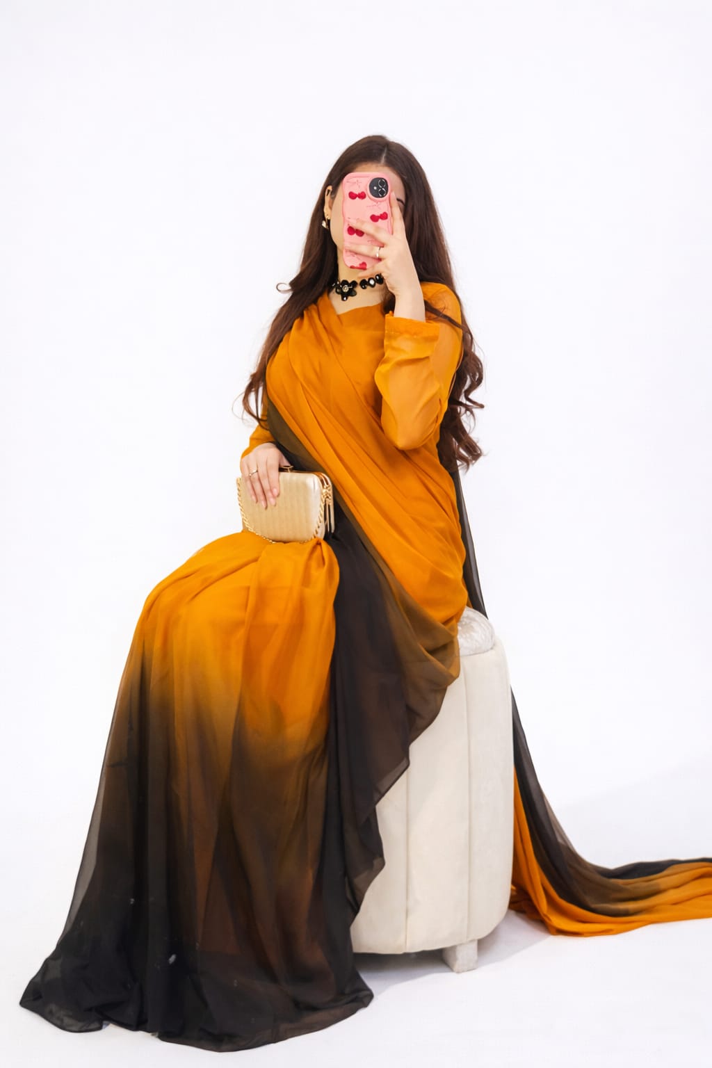 Stitched Chiffon Orange Black Shade Saree