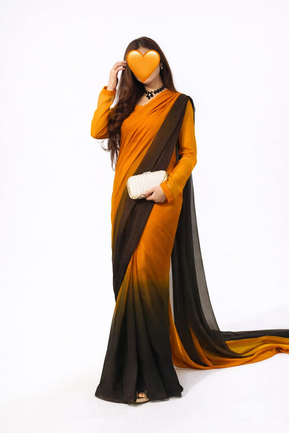 Stitched Chiffon Orange Black Shade Saree