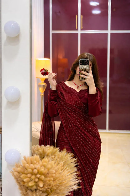 Maroon Sequin RhineStone Silk Saree