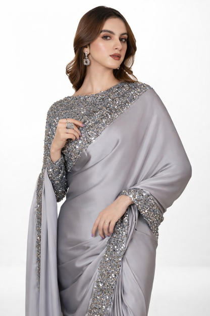 Premium Silver Grey Sequin Silk Saree