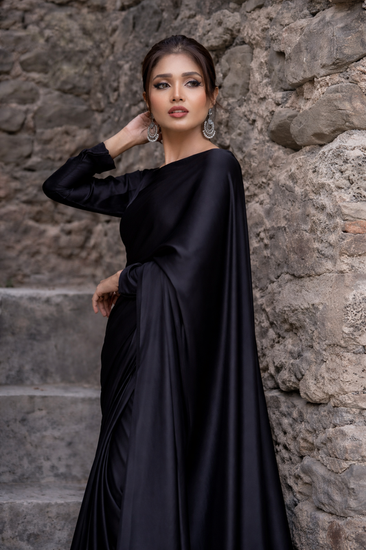 Classical Black Plain Silk Saree Stitched