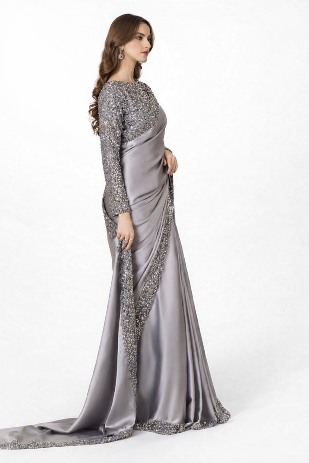 Premium Silver Grey Sequin Silk Saree