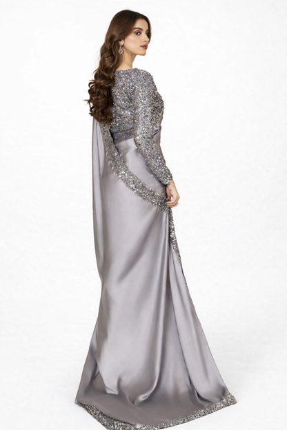 Premium Silver Grey Sequin Silk Saree