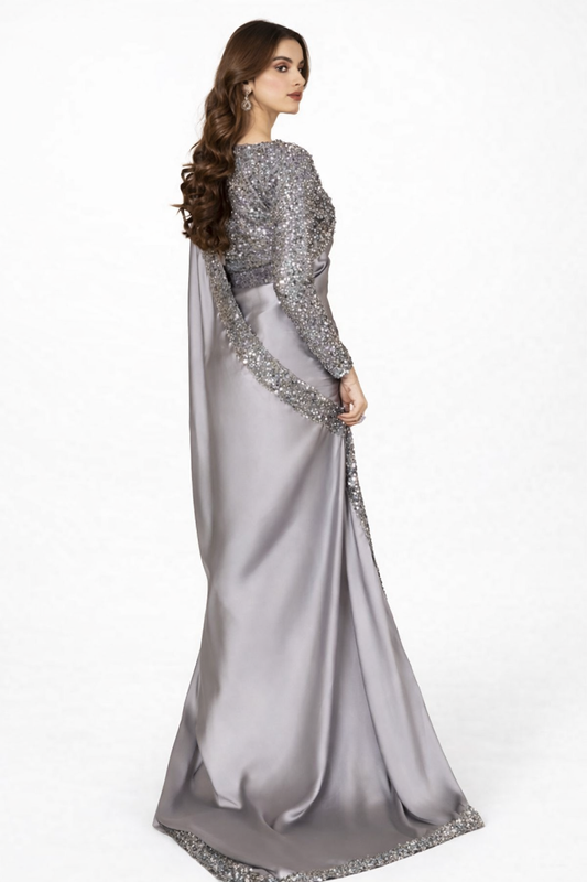 Premium Silver Grey Sequin Silk Saree