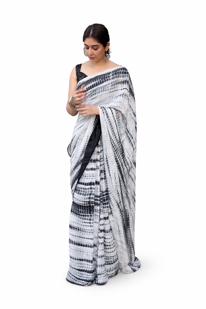 Premium Black & White Printed Saree