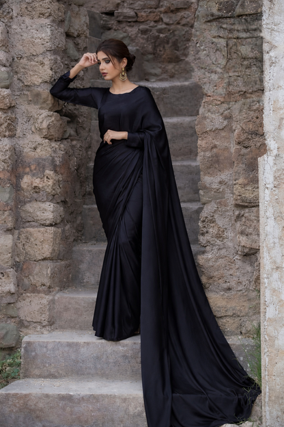 Classical Black Plain Silk Saree Stitched