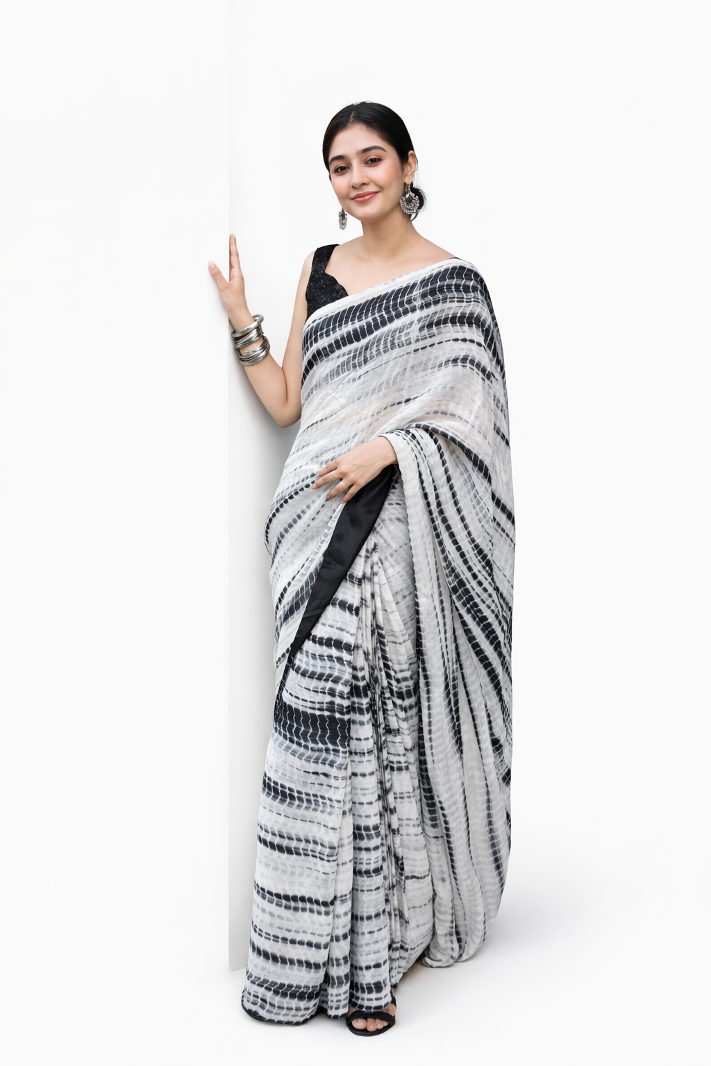 Premium Black & White Printed Saree