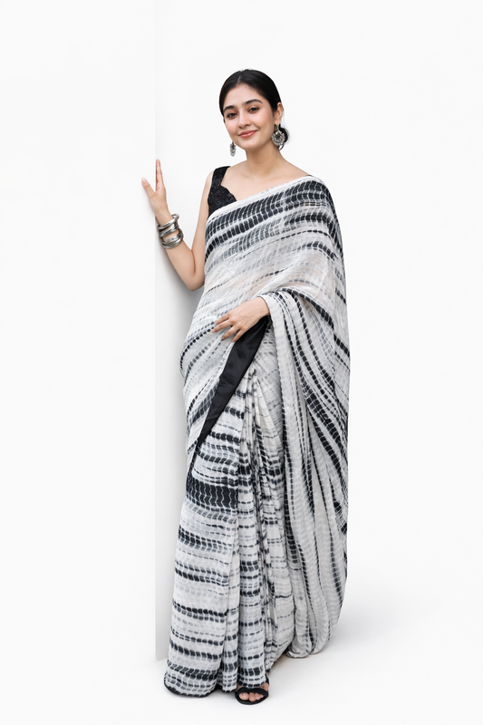 Premium Black & White Printed Saree