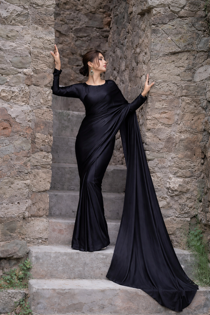 Classical Black Plain Silk Saree Stitched
