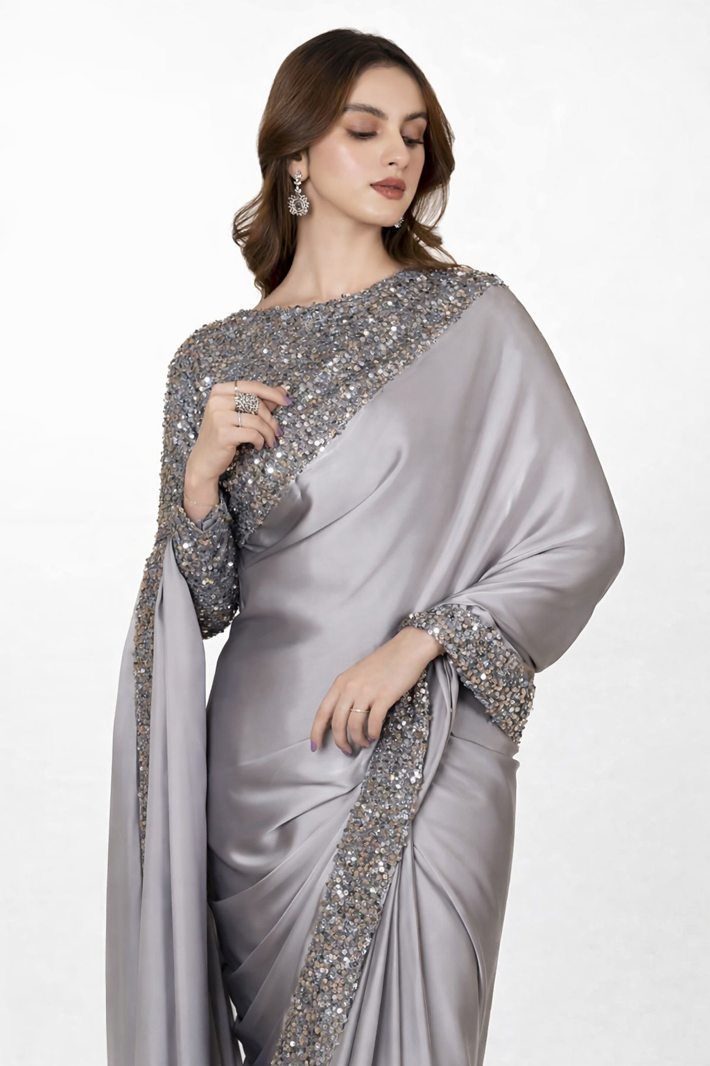 Premium Silver Grey Sequin Silk Saree
