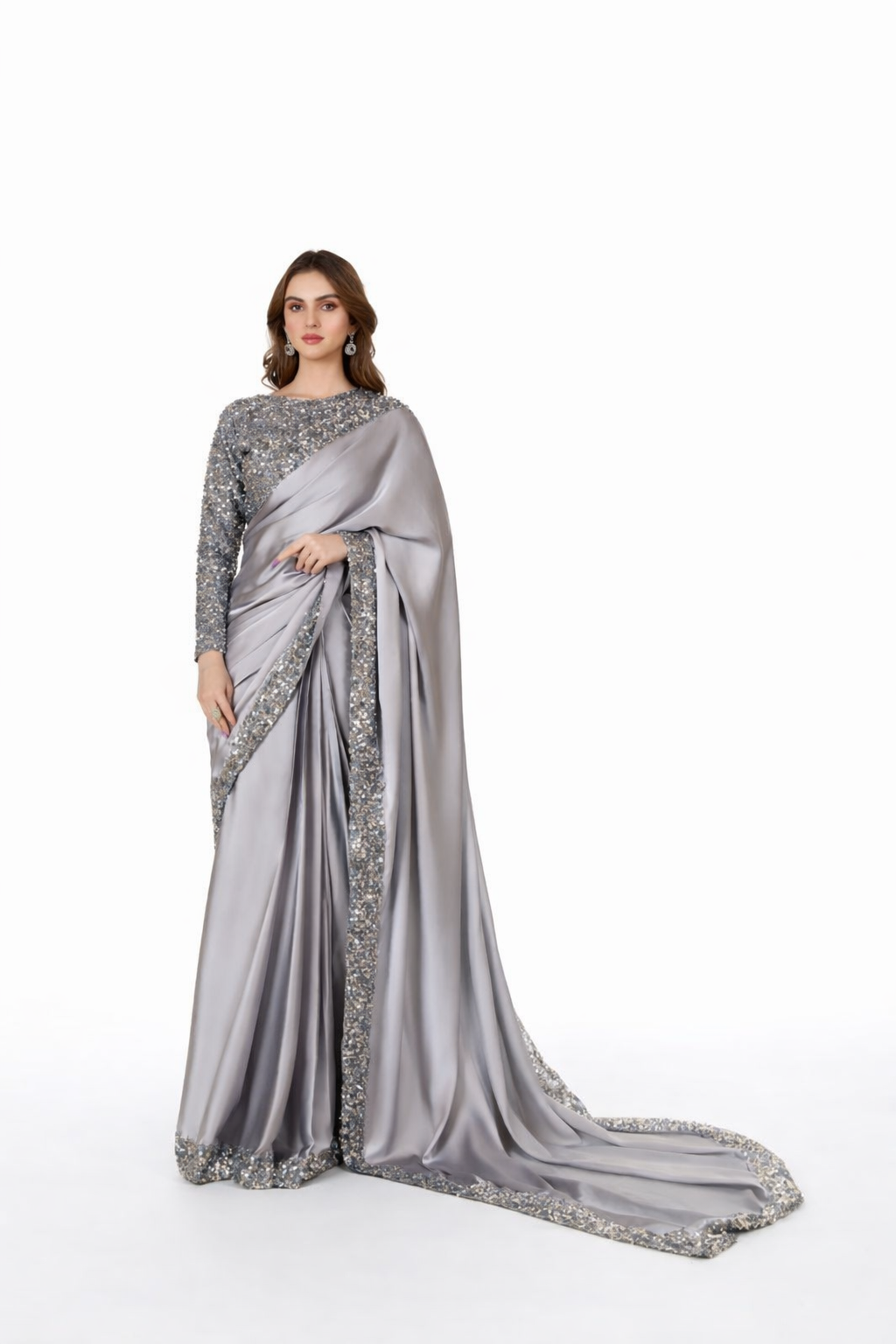 Premium Silver Grey Sequin Silk Saree