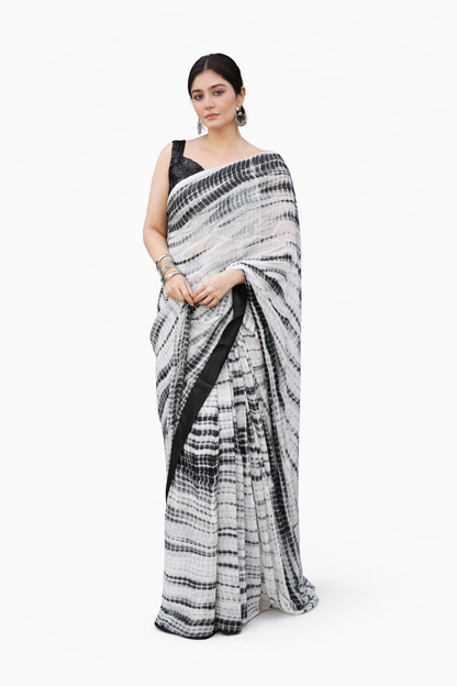 Premium Black & White Printed Saree